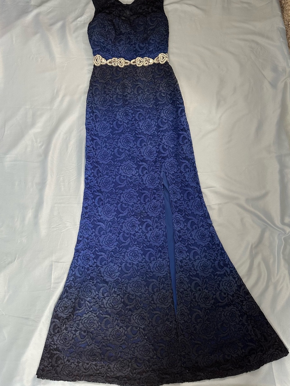 City Triangles Navy Lace Maxi Dress with Beaded Waistband